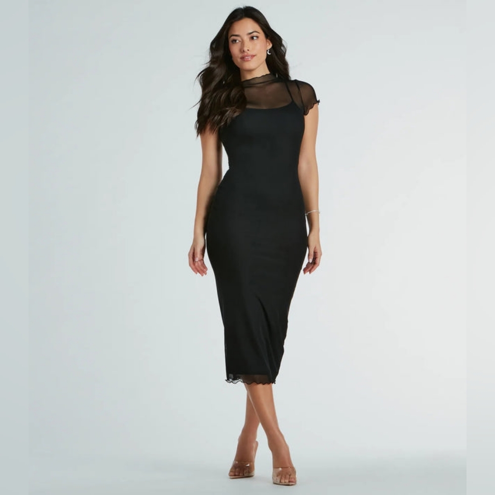 Sheer Exellence Mock Neck Bodycon Mesh Midi Dress